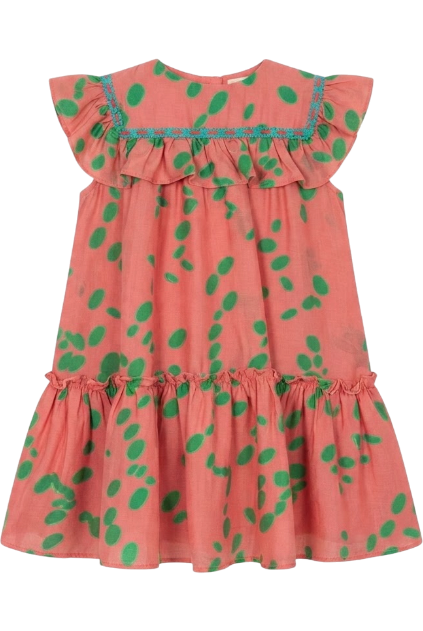 Coral viscose dress with green dots and frills - product view