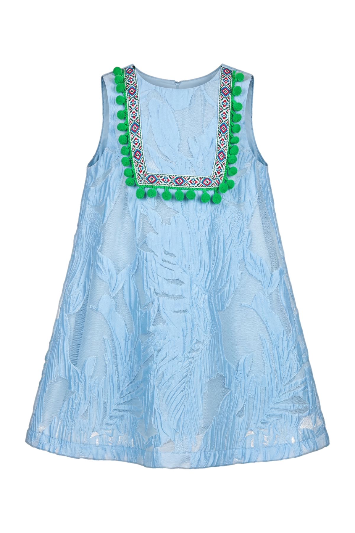 Blue floral organza dress with green pom poms - product view