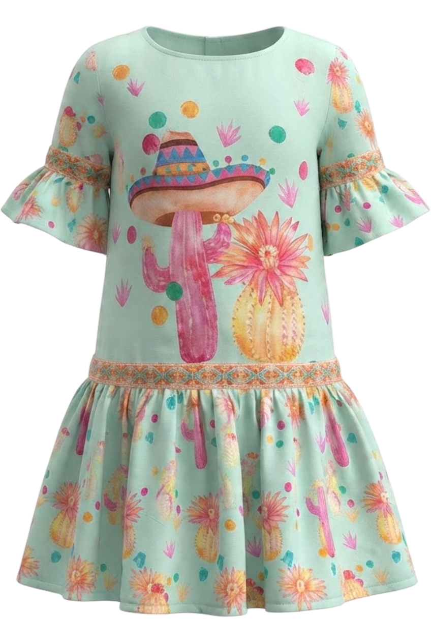 Mint cotton dress with big yellow and pink cactuses and matching trimmings - product view