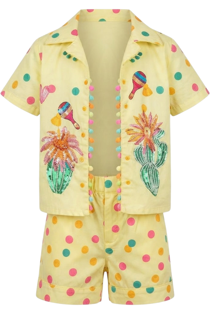 Yellow cotton shirt and shorts set with cactuses and pom poms print and hand-made embroidery - product view