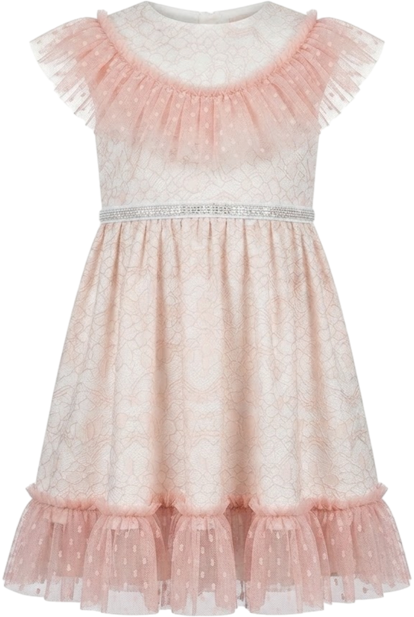 Pink and ivory lace dress with frills - product view