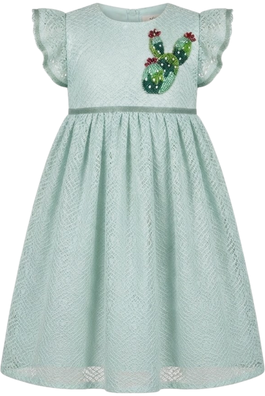 Mint lace dress with hand-made cactus embroidery - product view