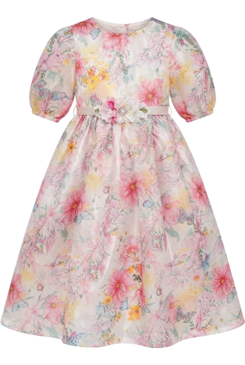 Shiny organza floral long dress with flowers belt - product view
