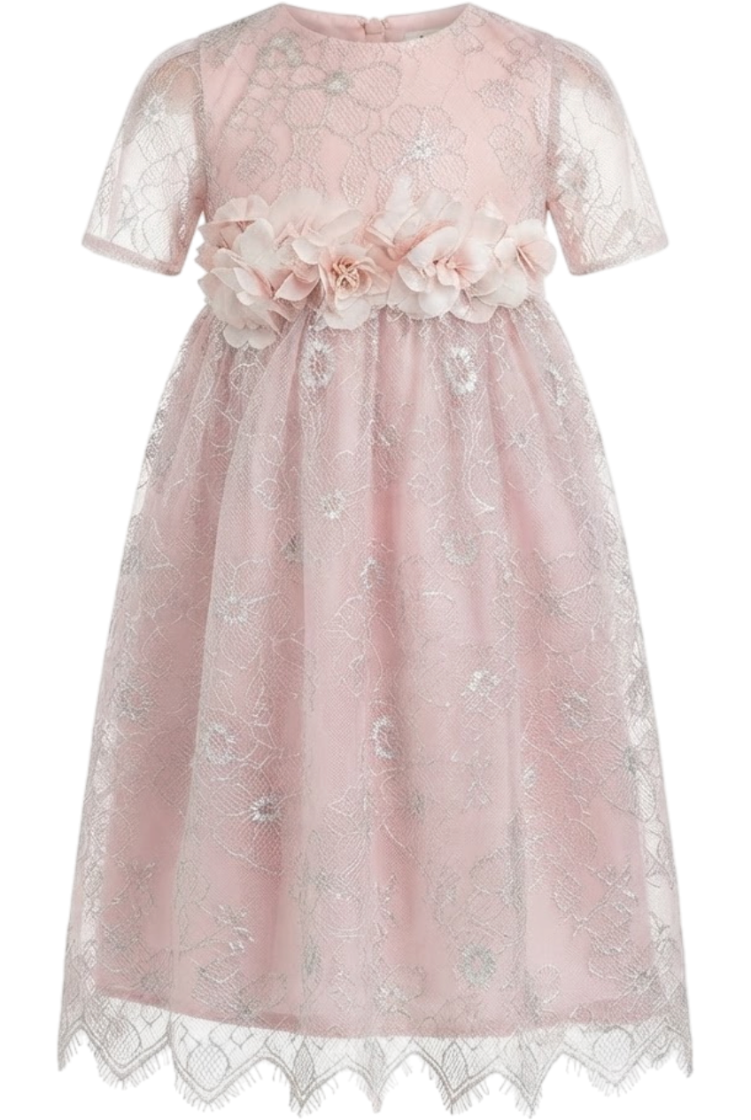 Powder pink and silver lace dress with flower belt - product view
