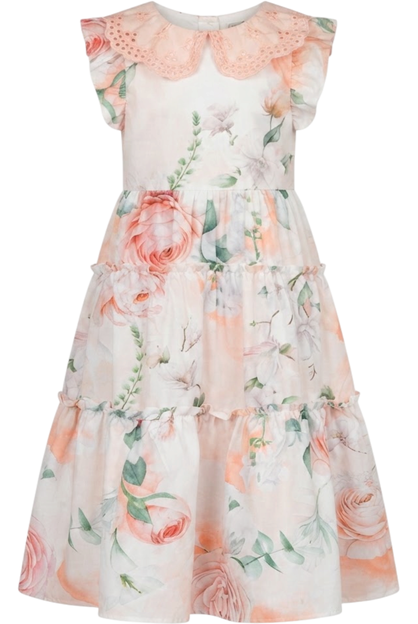Peach cotton ranunculus long dress with collar - product view