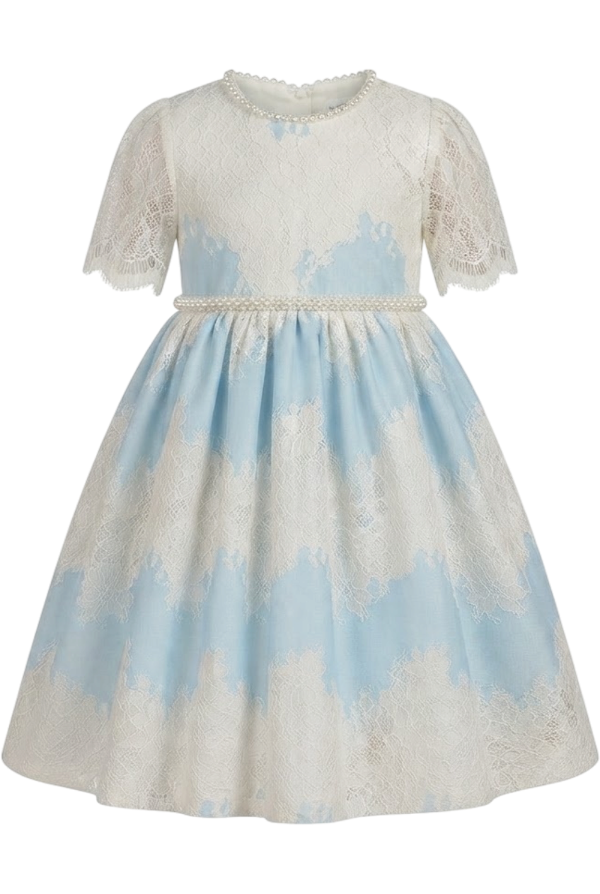 Blue and ivory long lace dress with pearls - product view