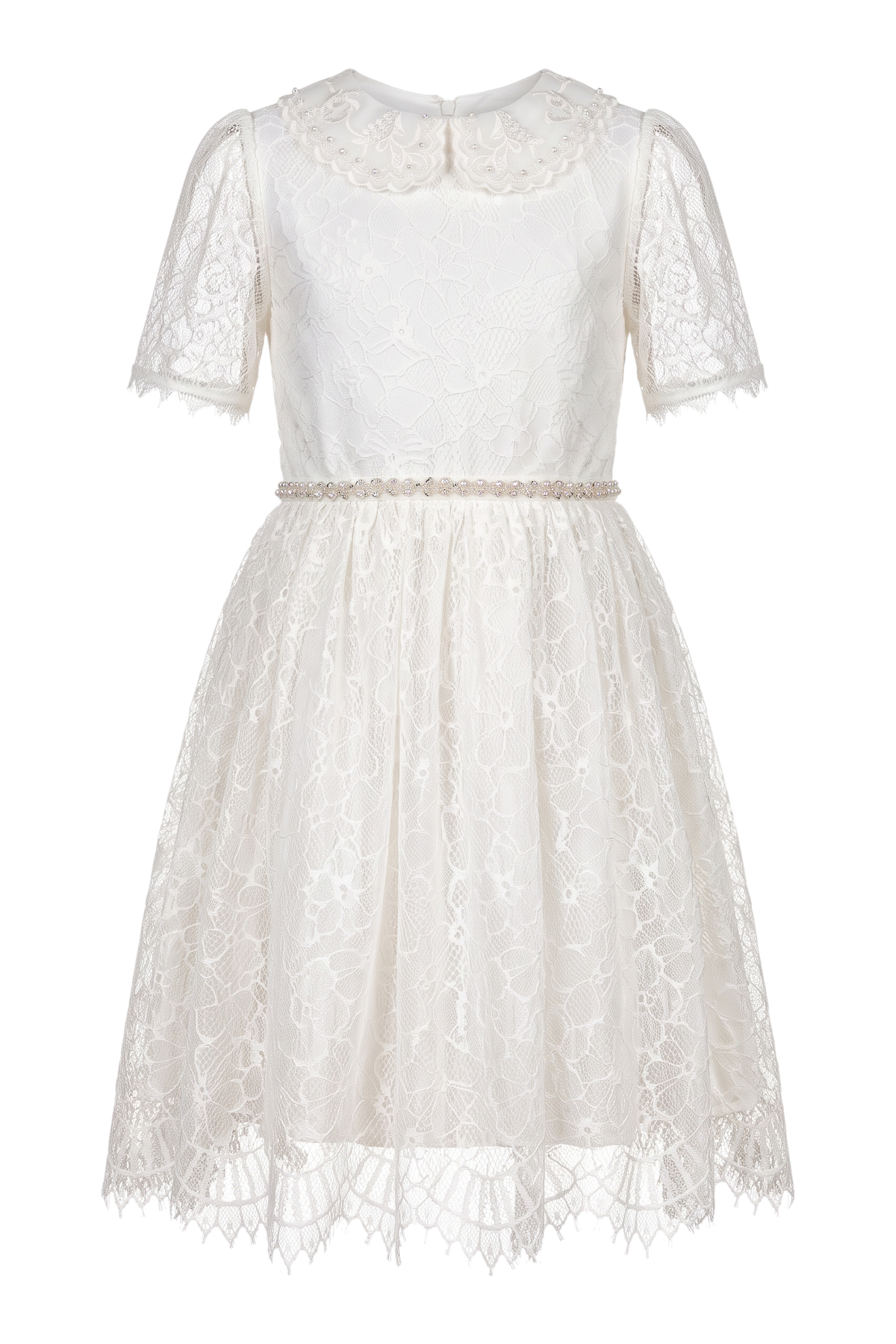 Ivory fine lace dress with pearls and organza collar - product view