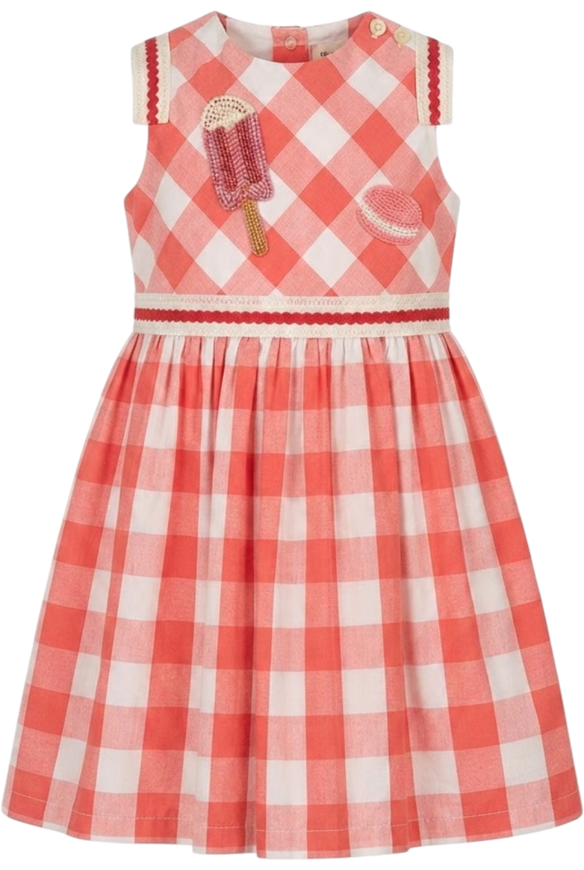 Red and white check cotton dress with icecream and macaroon hand-made embroideries - product view