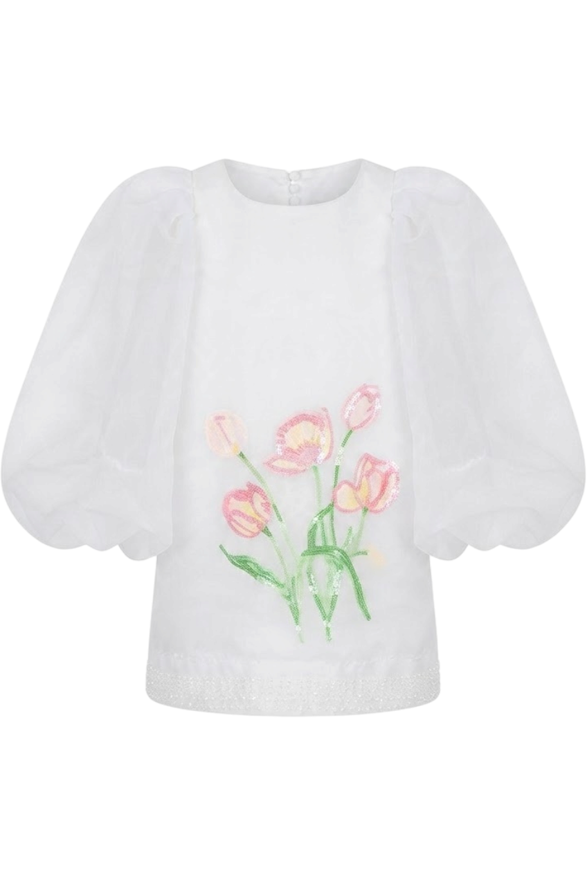 White organza dress with sequin tulip embroidery - product view