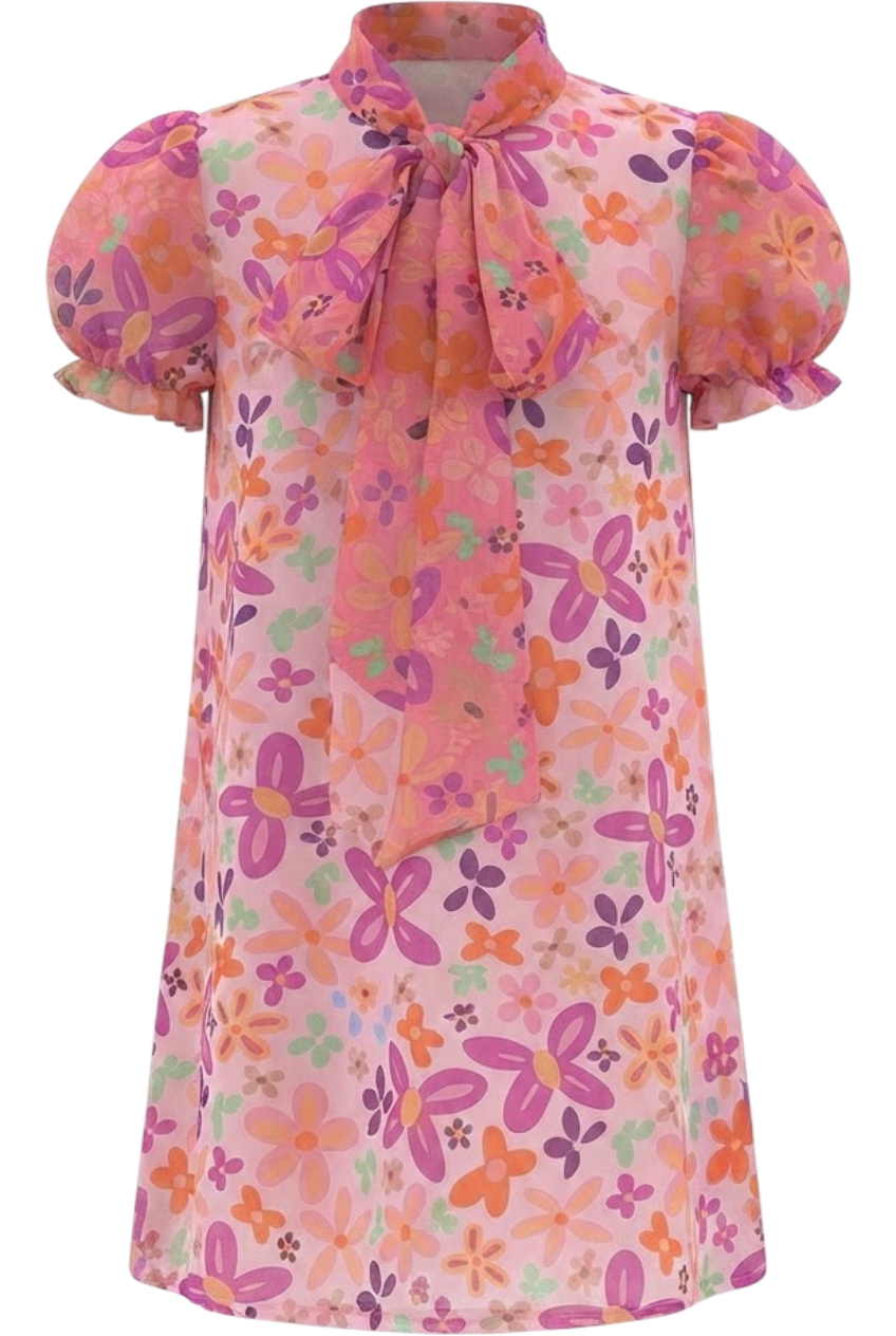 Pink floral chiffon dress with puffed sleeves and pussy bow - product view