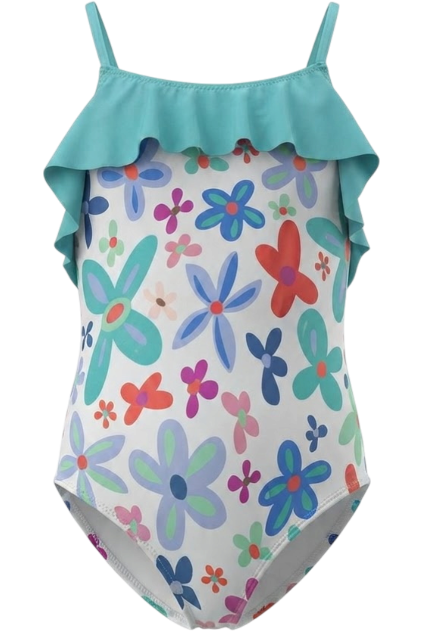 Blue floral onepiece swimsuit with frill - product view