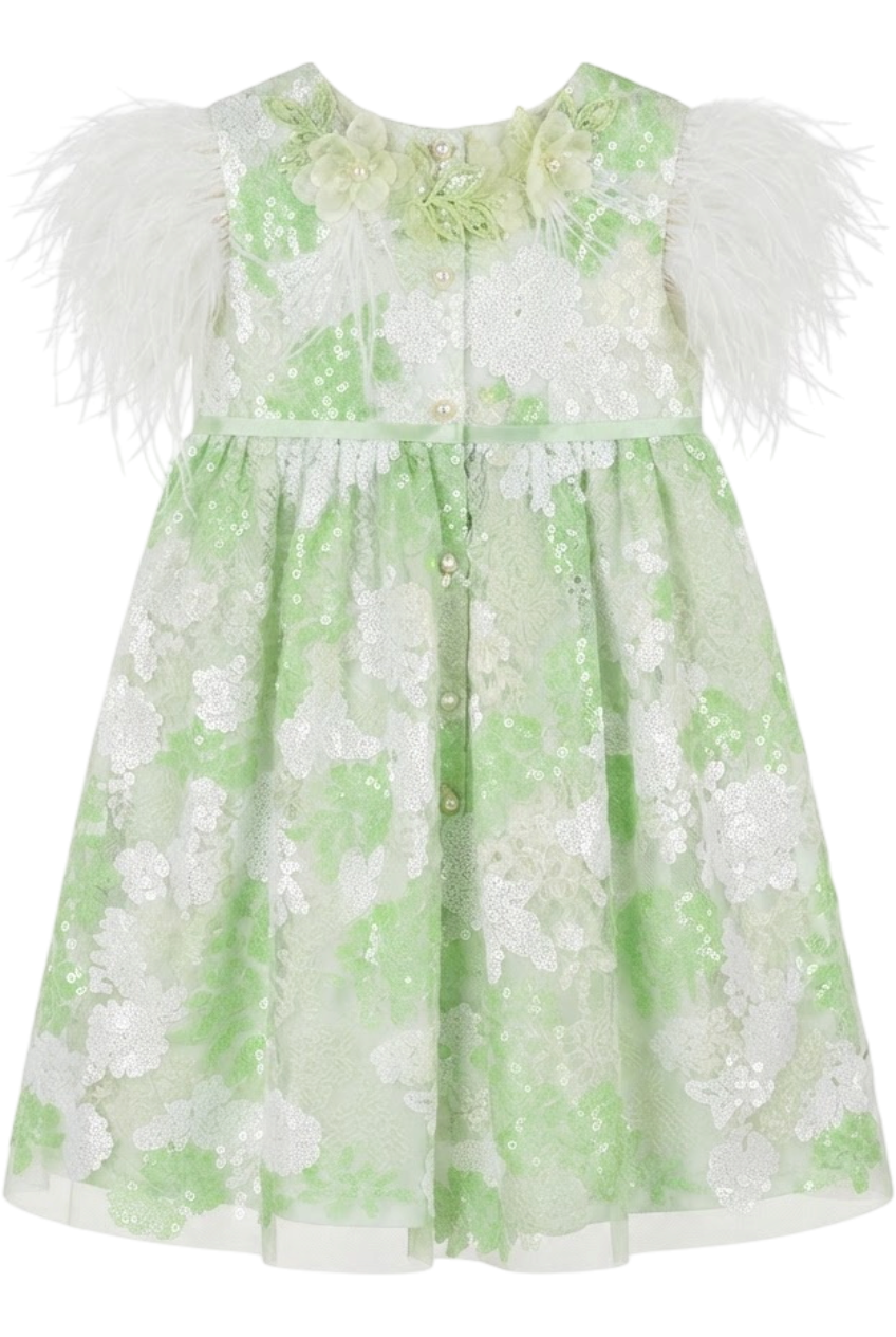Green and white floral sequin lace dress with white feathers and hand-made embellishments - product view