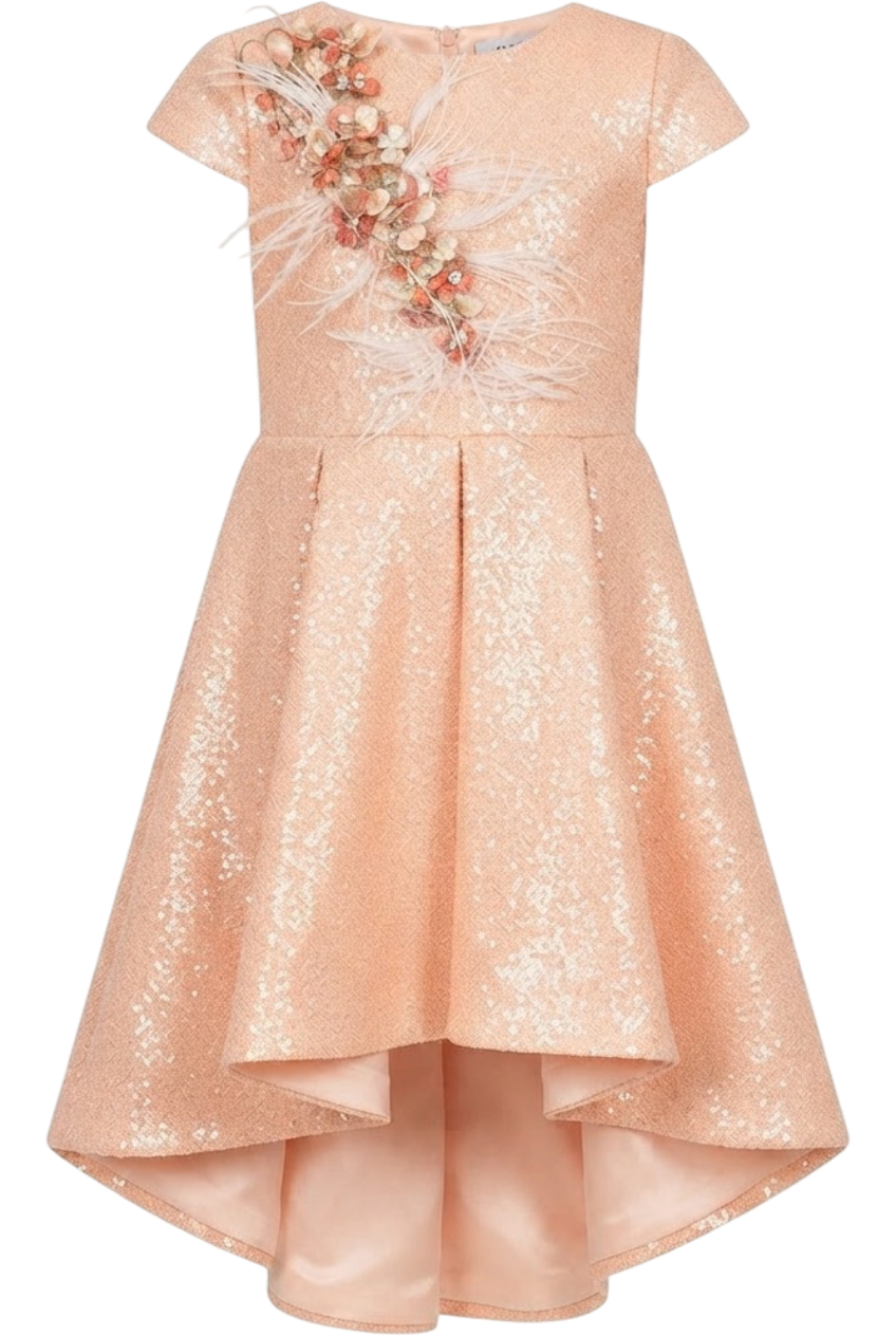 Peach shimmering asymmetrical sequin dress with hand-made embellishments - product view
