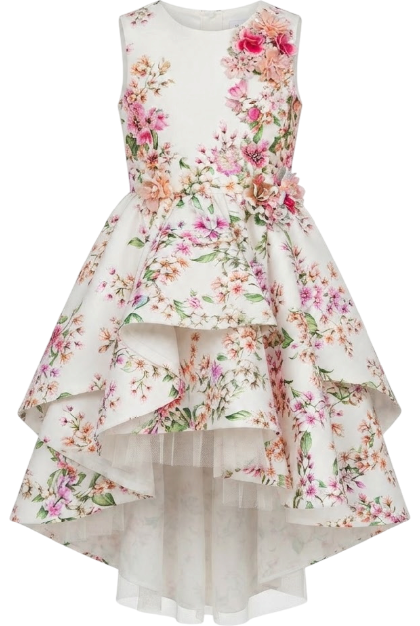 White floral asymmetrical dress with floral hand-made embellishments - product view