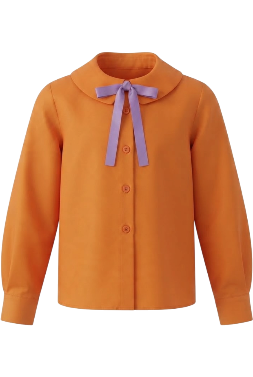 Orange satin cotton shirt with purple bow - product view