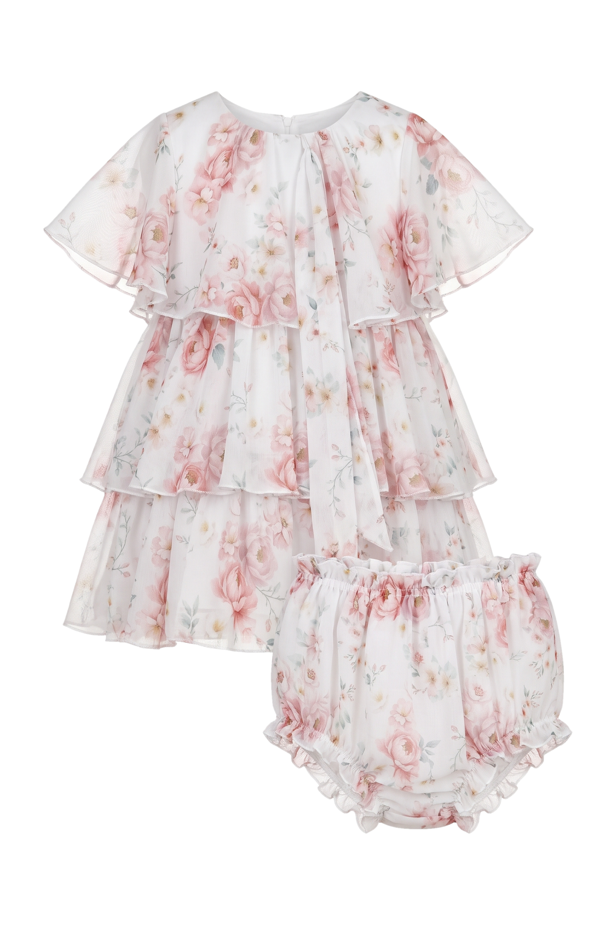 White frilled chiffon floral baby dress with pussy bow with matching knickers - product view