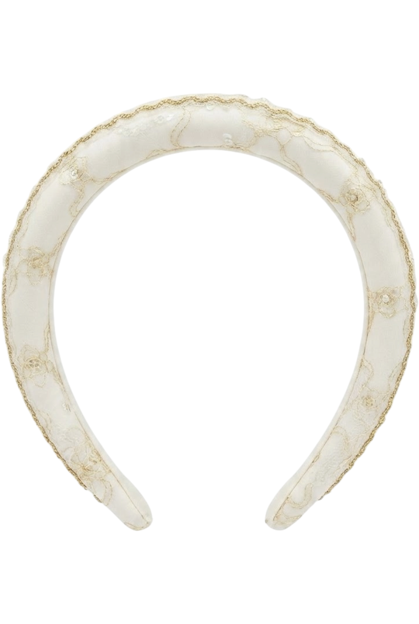 Ivory padded headband with gold lace detailing - product view
