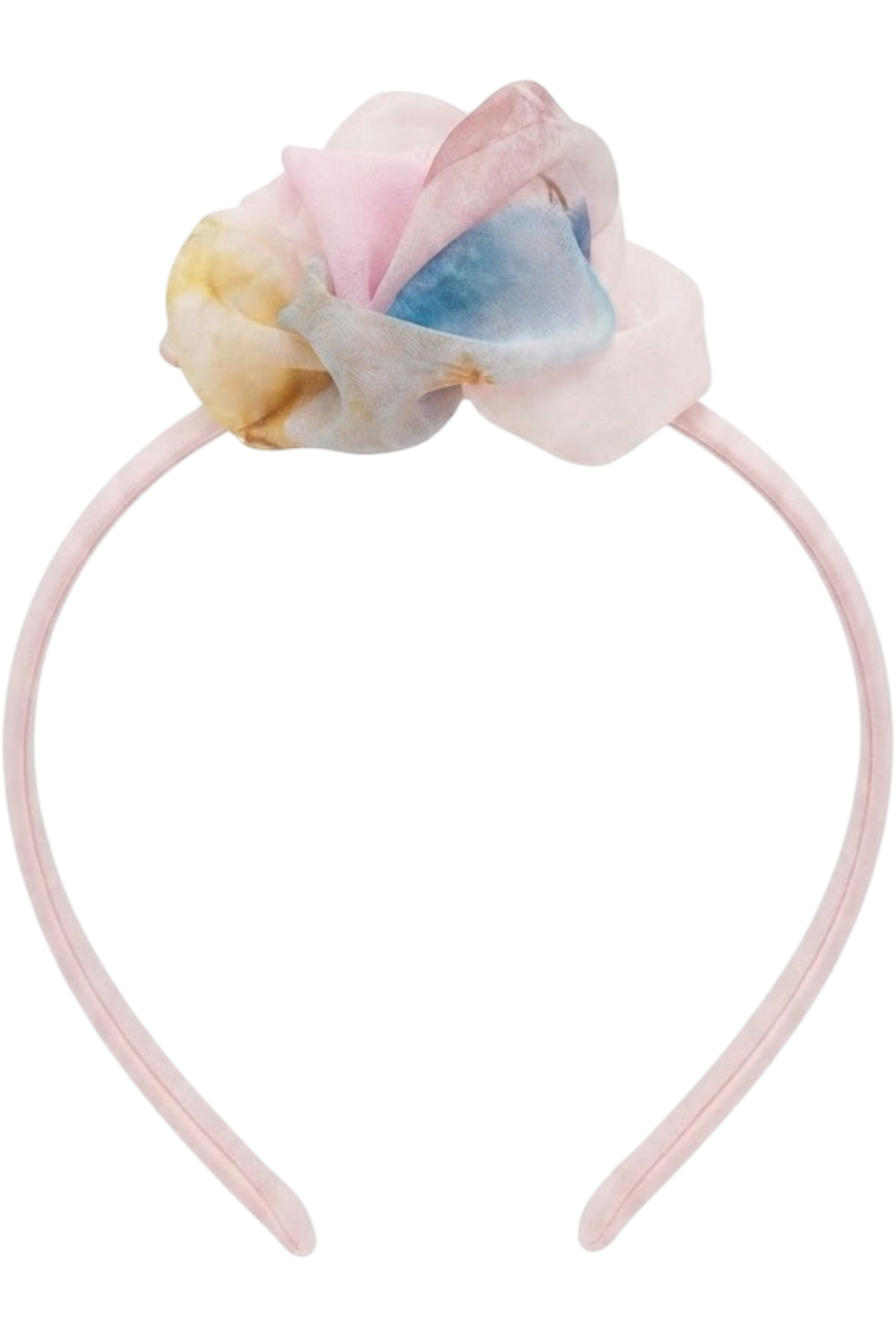 Baby headband with a chiffon flower on top - product view