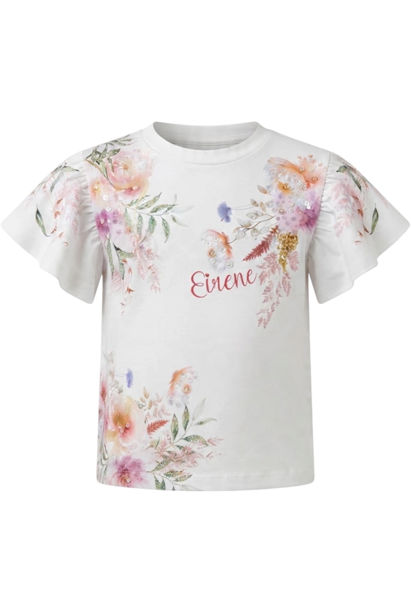 White cotton t-shirt with flower print and embelishment - product view