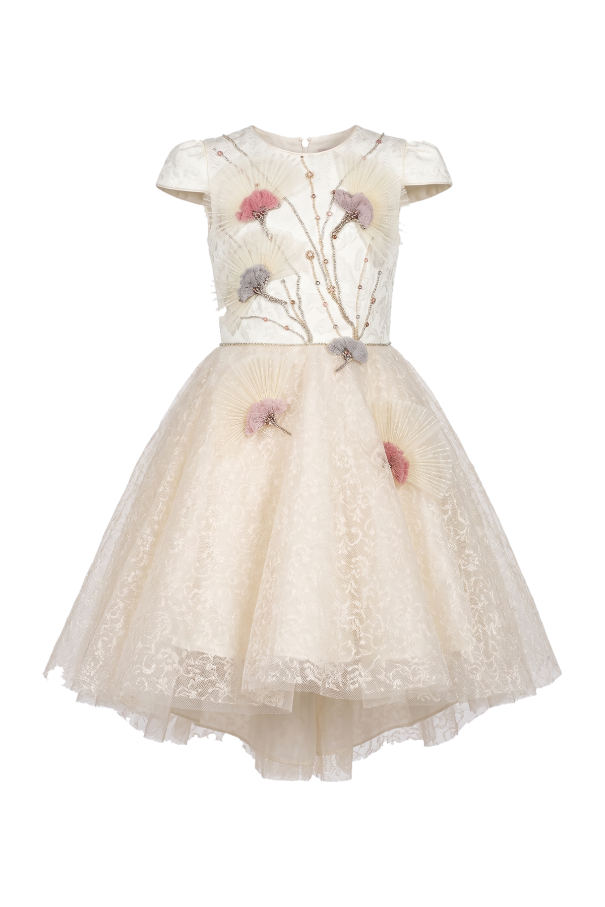 Off-white floral tulle dress with entirely hand-made emebellished flowers and crystals decoration - product view