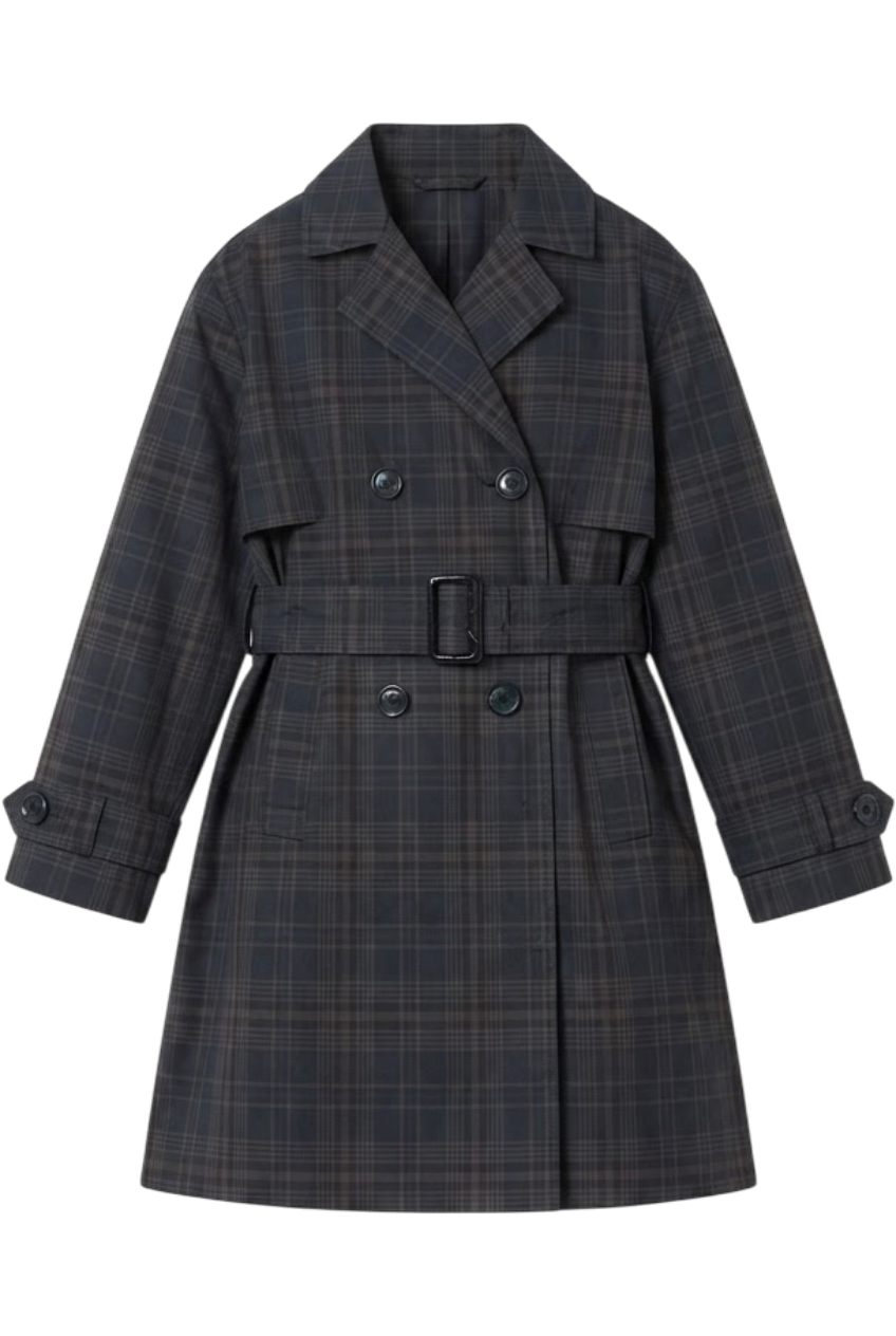 Checked double-breasted belted trench coat - product view