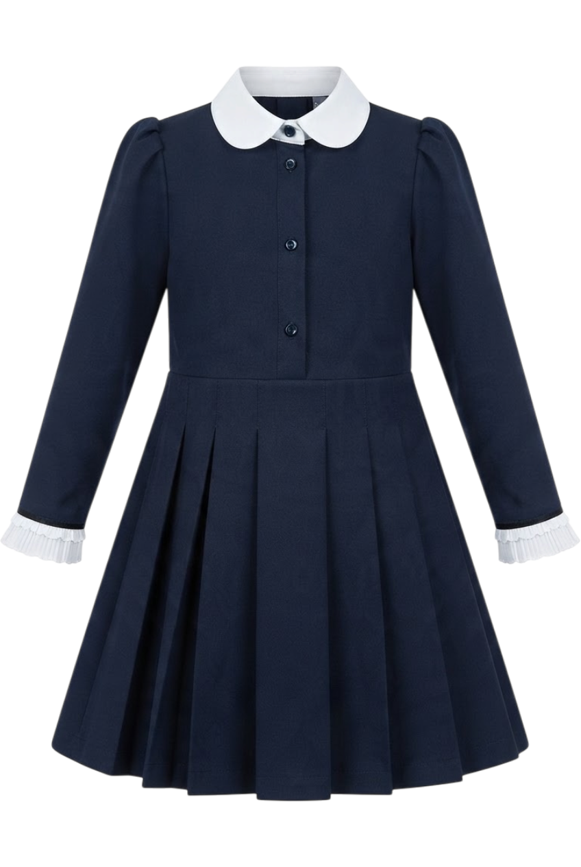 Navy blue dress with white collar and cuffs - product view