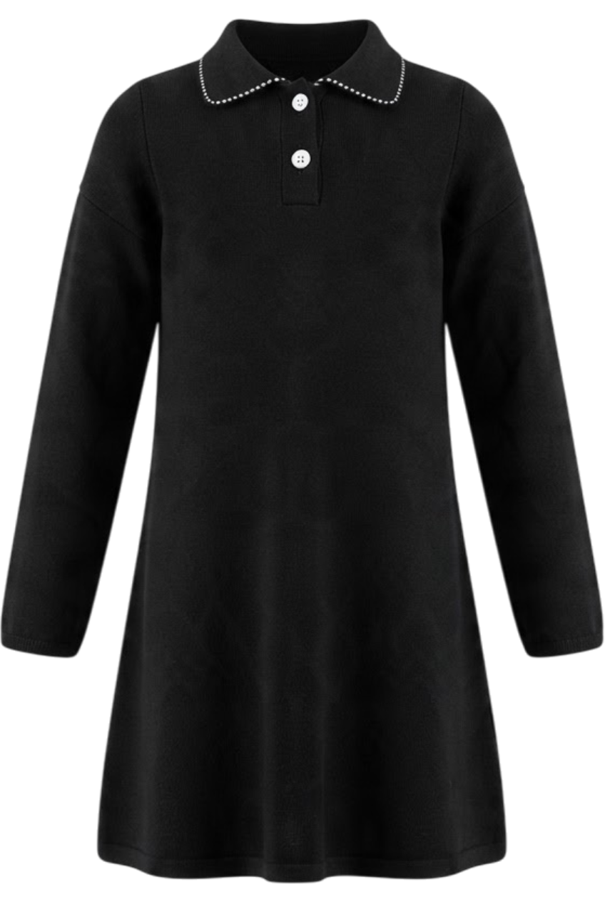 Black knitted dress with black and white trim and white buttons - product view