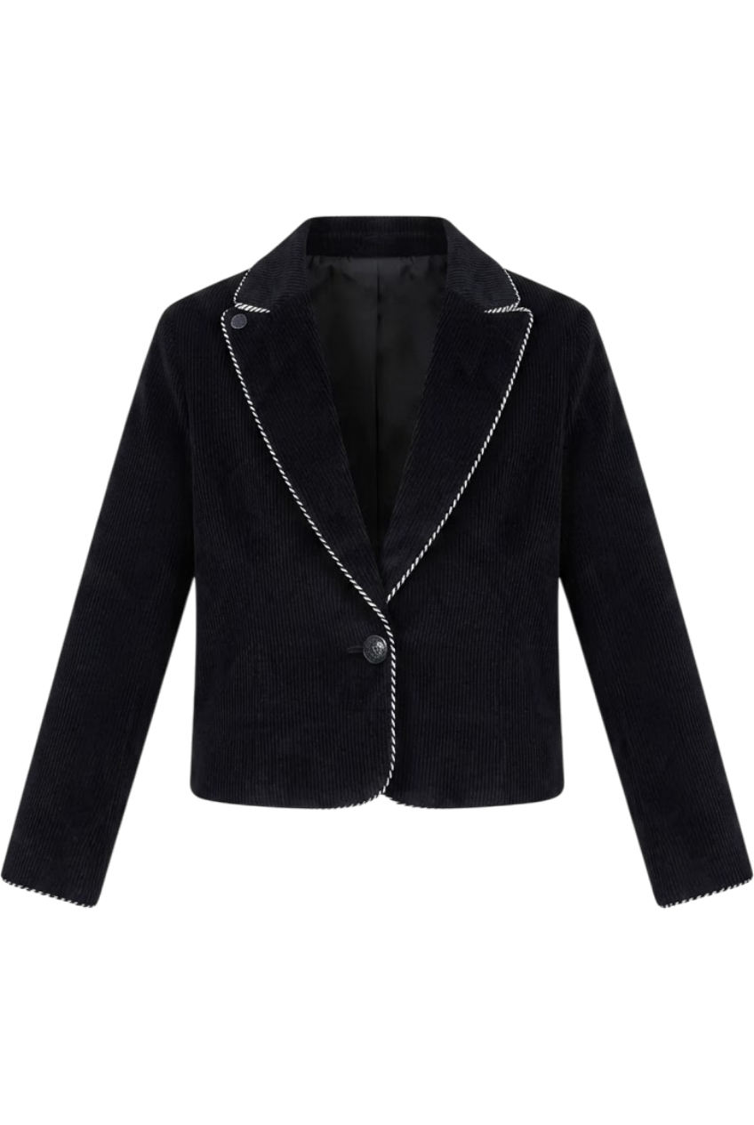 Black corduroy blazer with black and white trim - product view