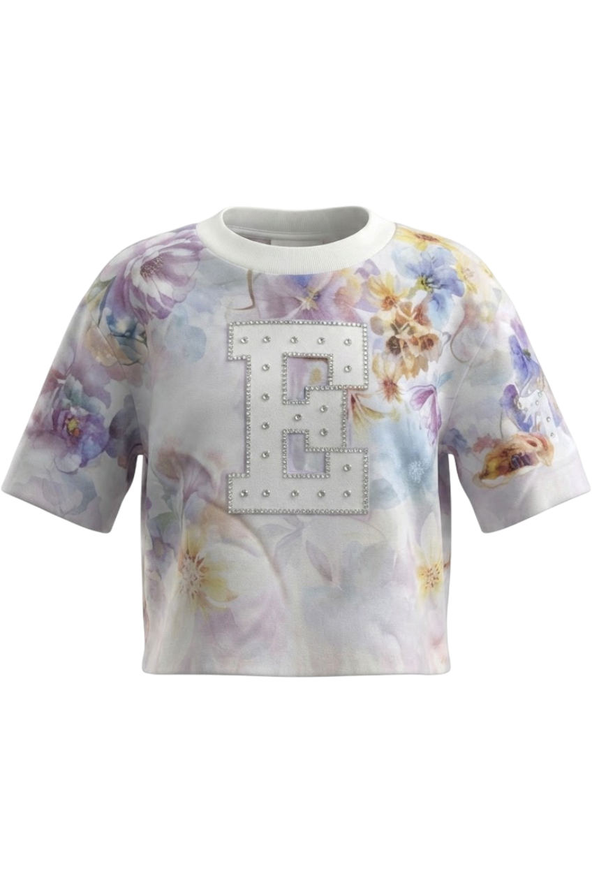 Boxy short-sleeved t-shirt with hand-embellished crystal E - product view