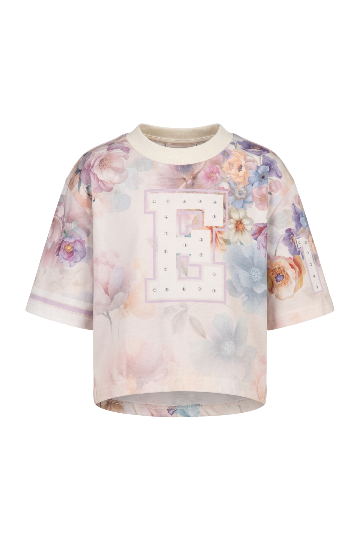 Boxy short-sleeved t-shirt with hand-embellished crystal E - product view