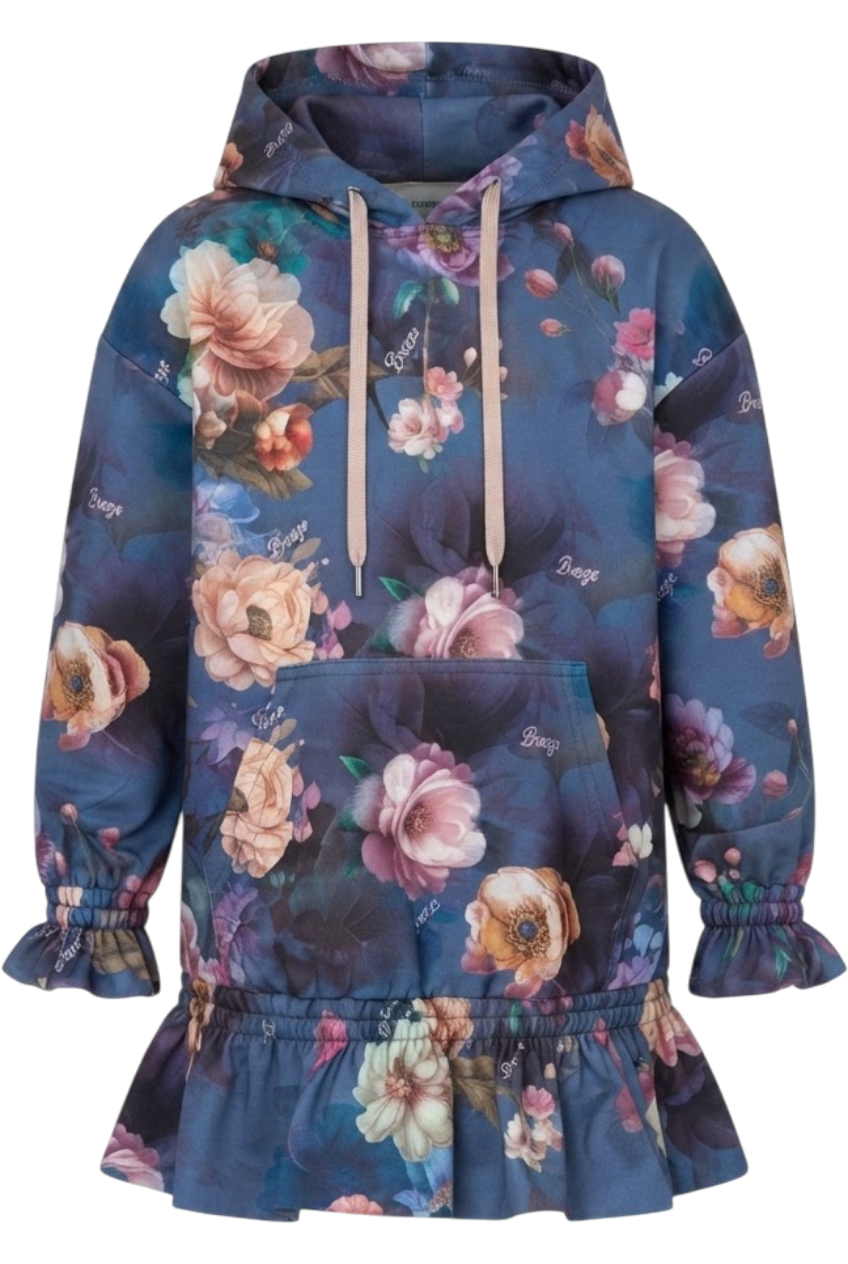 Blue floral hooded tunic dress with a ruffled hem - product view