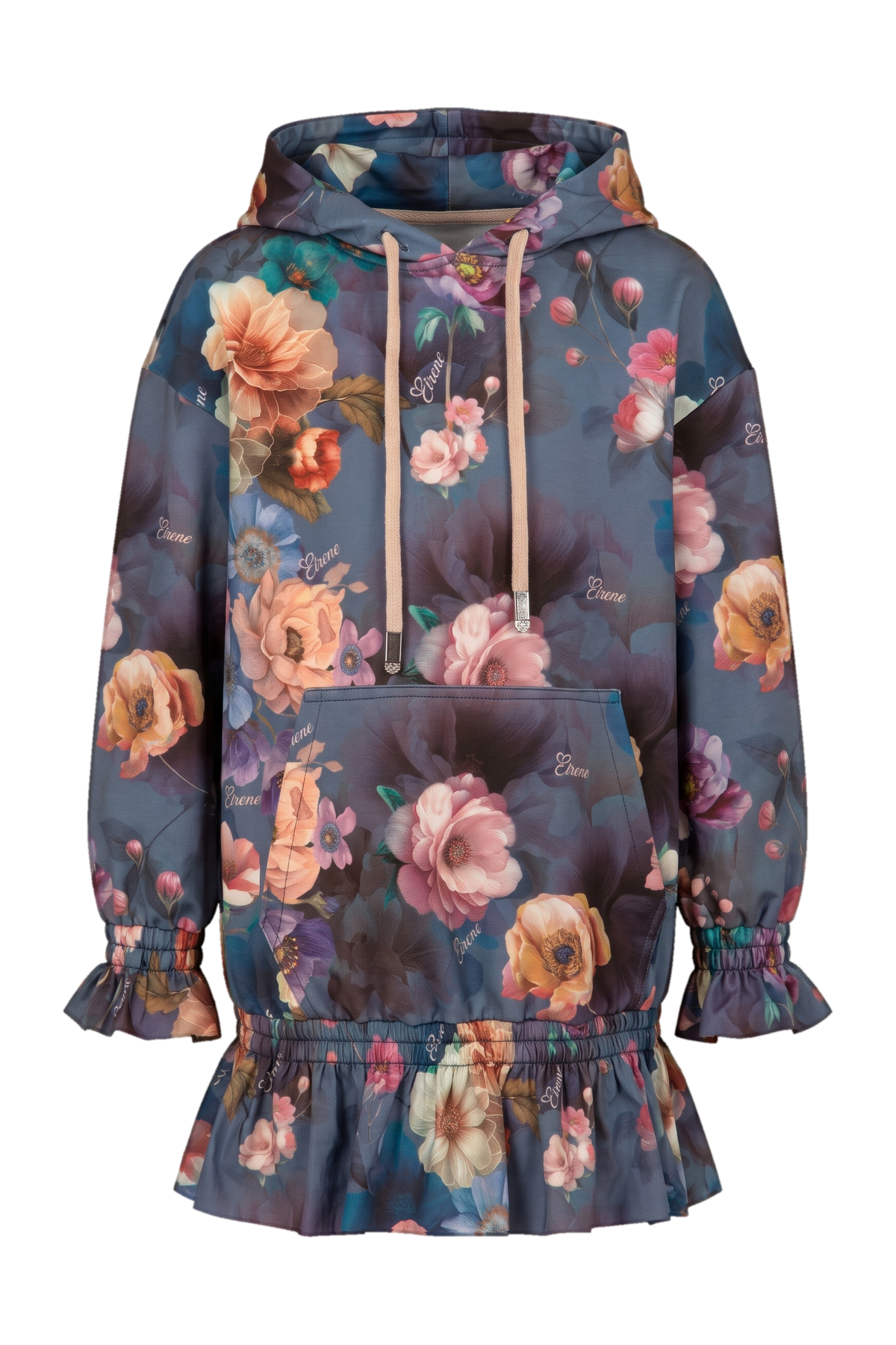 Blue floral hooded tunic dress with a ruffled hem - product view