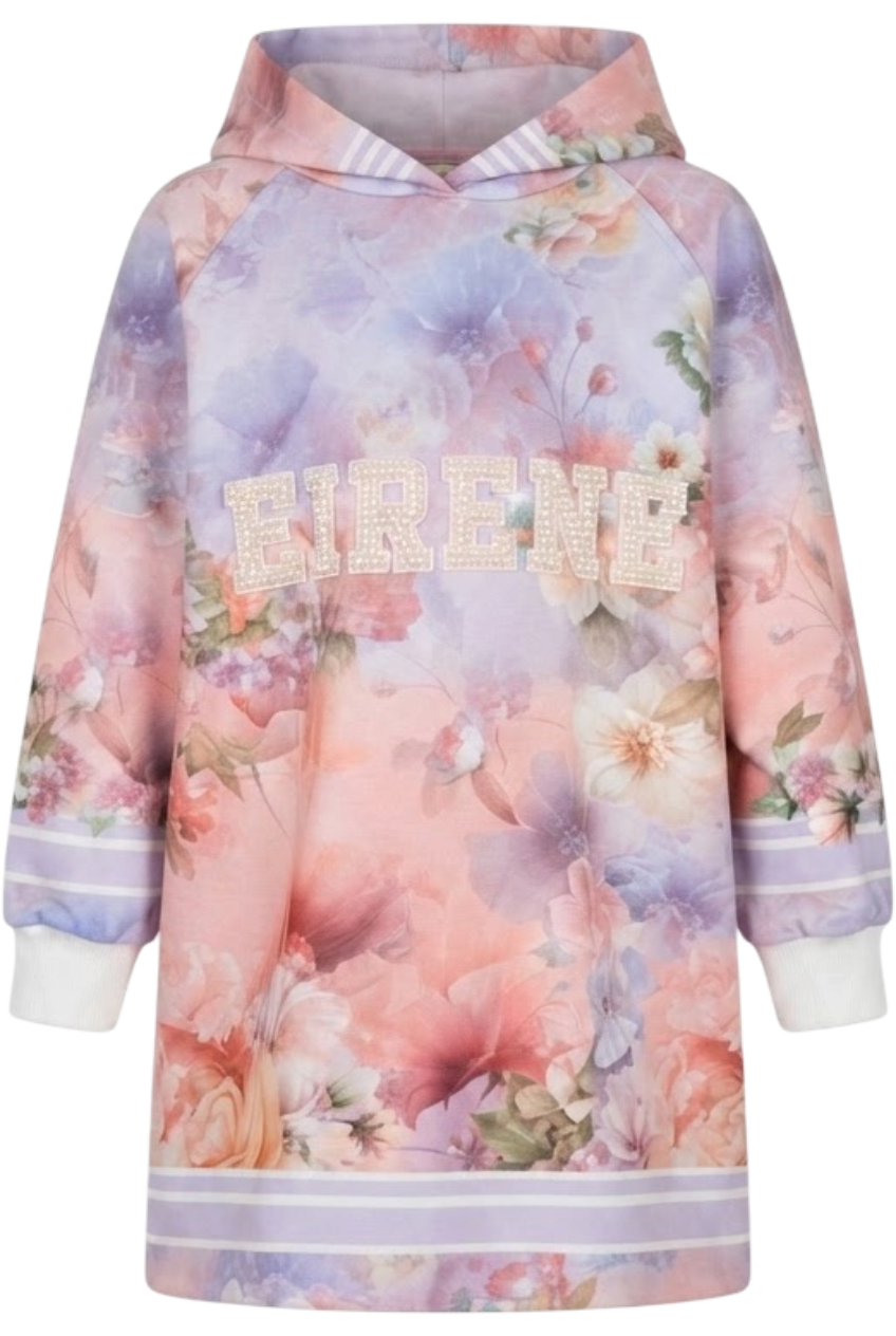 Pastel floral hoodie dress with pearl EIRENE branding - product view