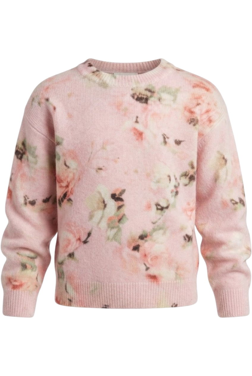 Pink wool and cashmere sweater with a floral print - product view