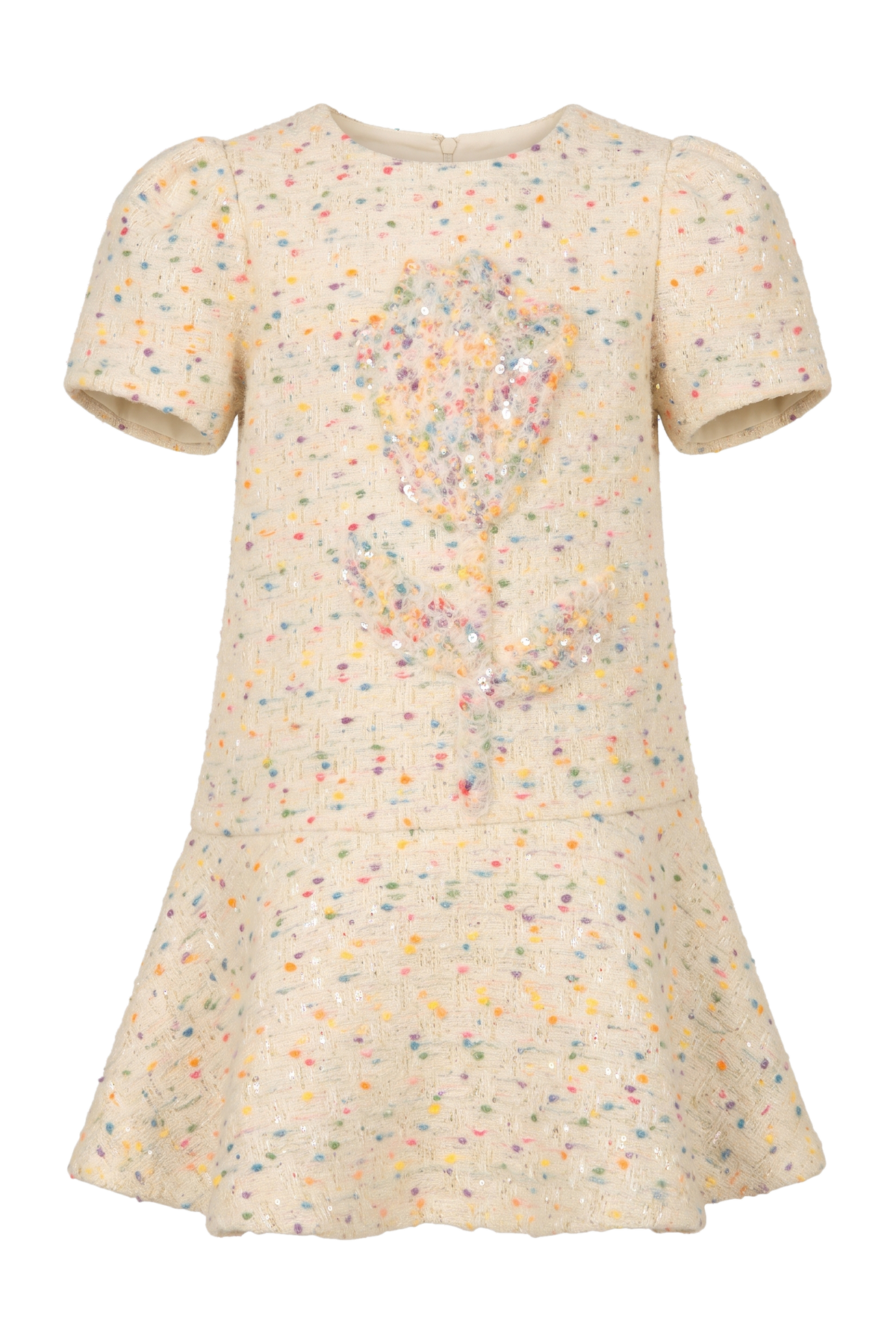 Cream tweed dress with puff sleeves and a flower appliqué - product view