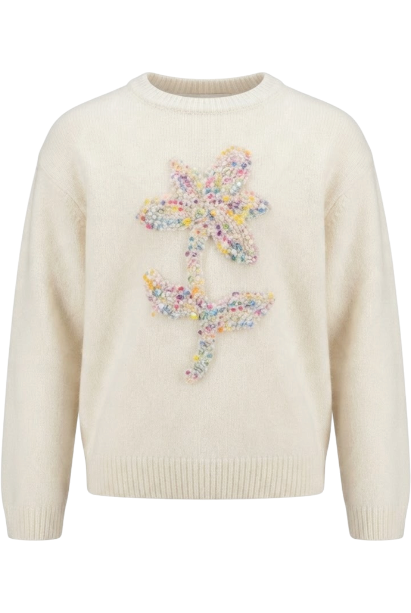 Cream wool and cashmere sweater with a boucle flower - product view