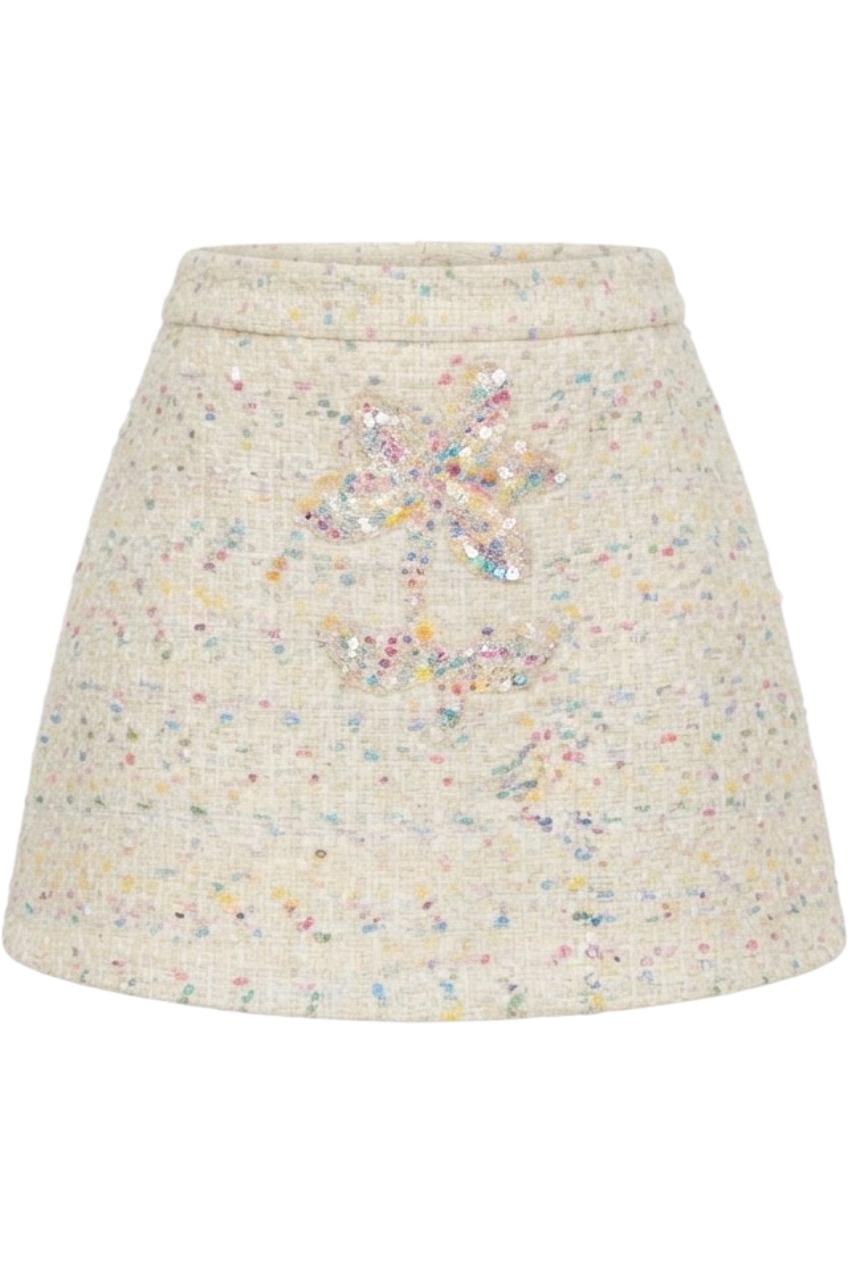 Cream tweed skirt with a sequinned floral appliqué - product view