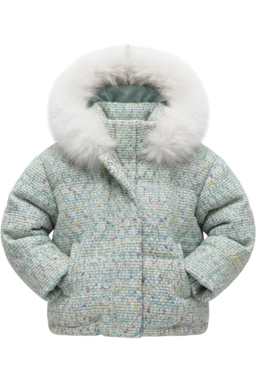 Mint blue tweed down jacket with a fur-trimmed hood - product view