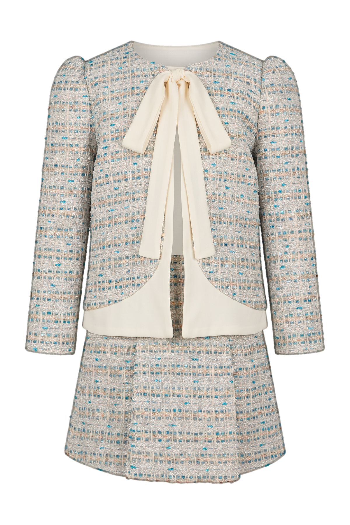 Blue and ivory tweed jacket and skirt set with a bow tie - product view