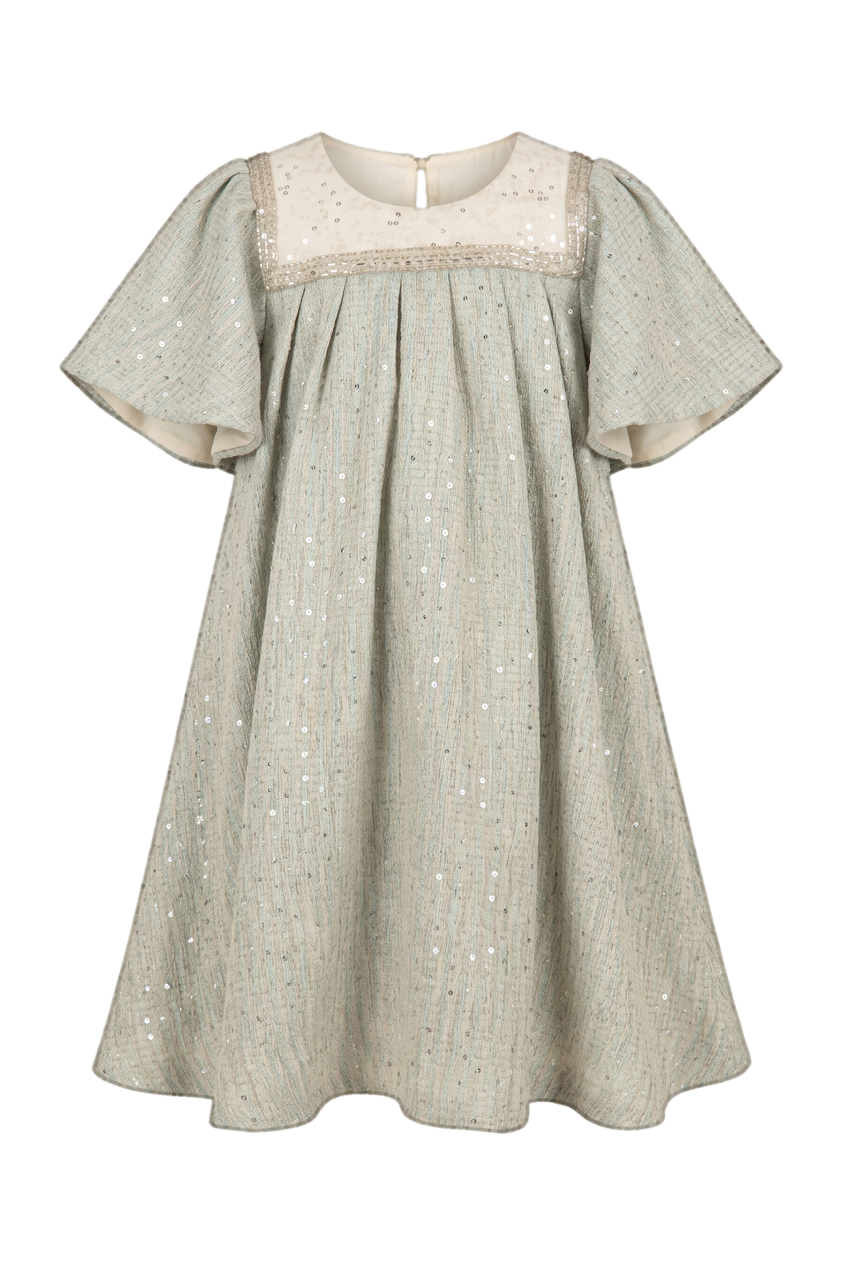 Blue A-line dress with a beaded yoke and flutter sleeves - product view