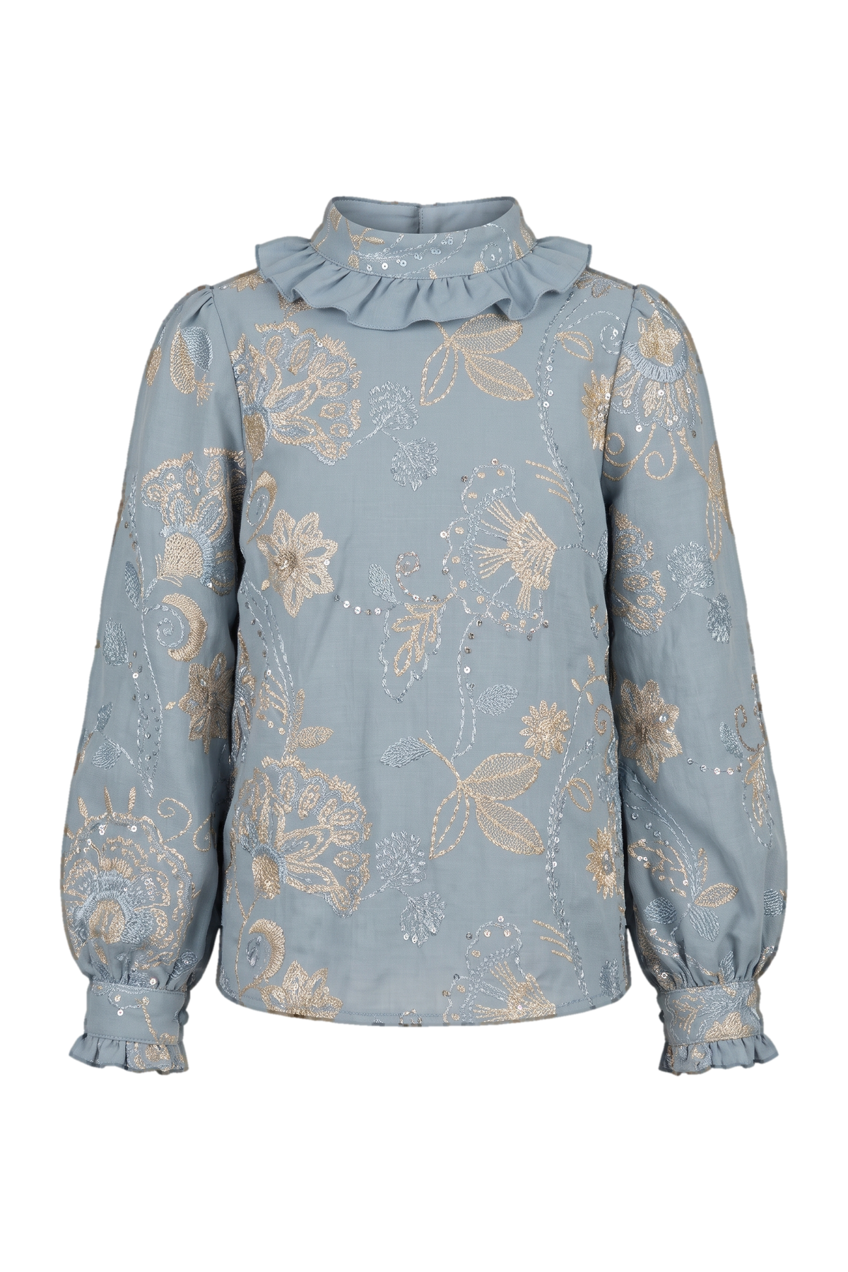 Powder blue blouse with metallic floral embroidery - product view