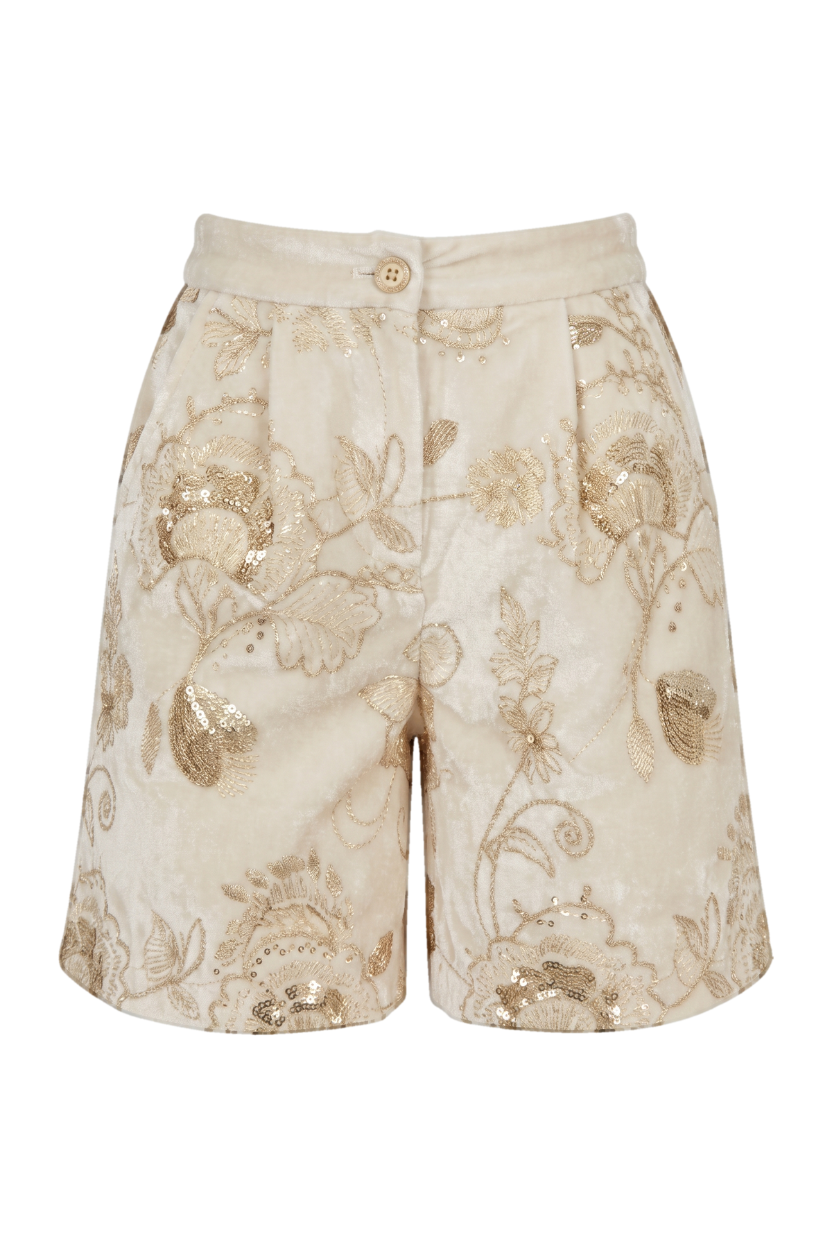 Cream velvet shorts with gold floral embroidery - product view