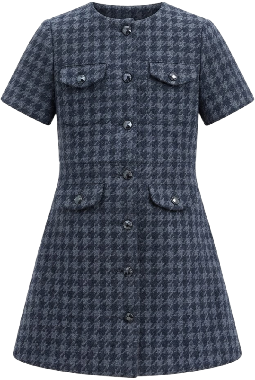 Elegant blue-grey checked dress with front buttons and pockets - product view