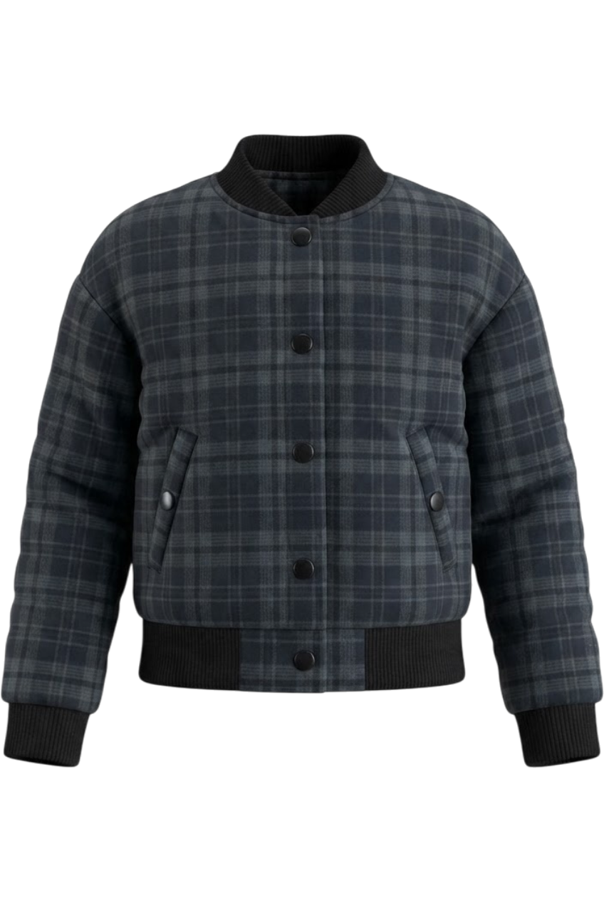 Blue-grey quilted bomber jacket with side pockets and front button fastening - product view