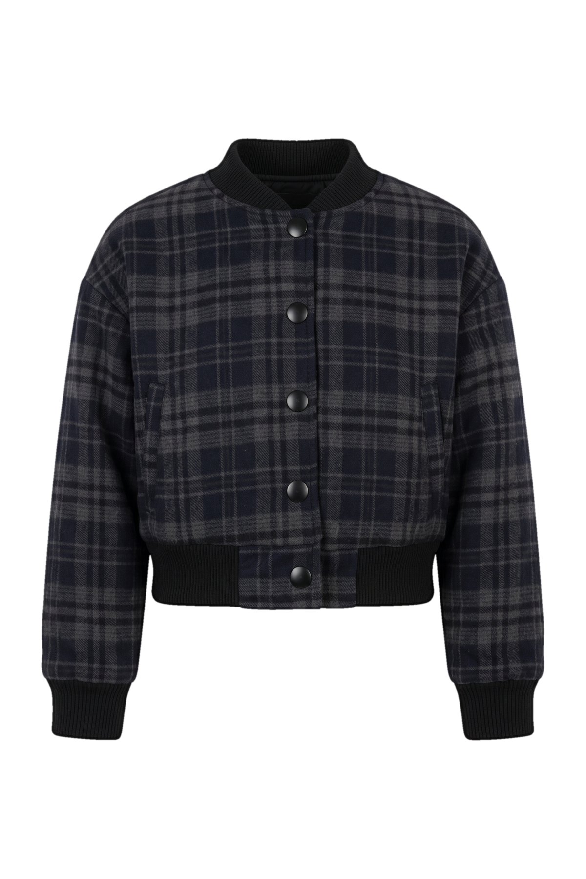 Blue-grey quilted bomber jacket with side pockets and front button fastening - product view