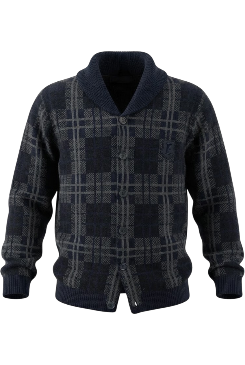 Dark grey and navy checked cardigan with a shawl collar, front button fastening and embroidered logo - product view