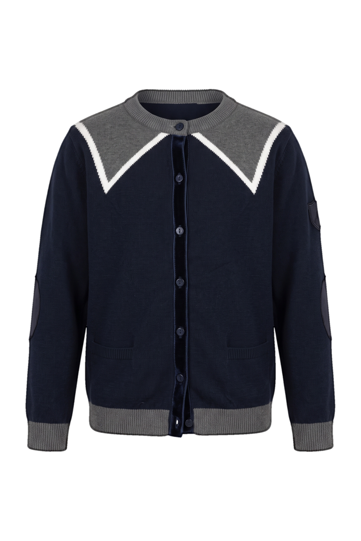 Navy cotton cardigan with grey trim, white details, buttons and pockets - product view