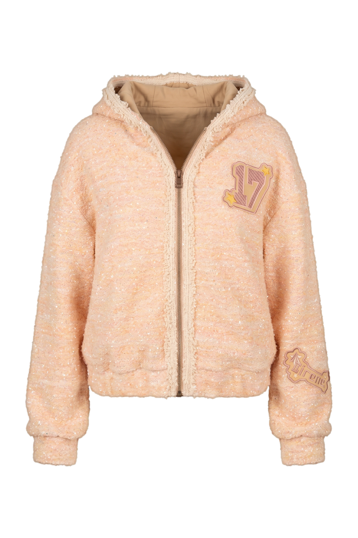 Peach tweed hoodie with a zip front and embroidered patches - product view