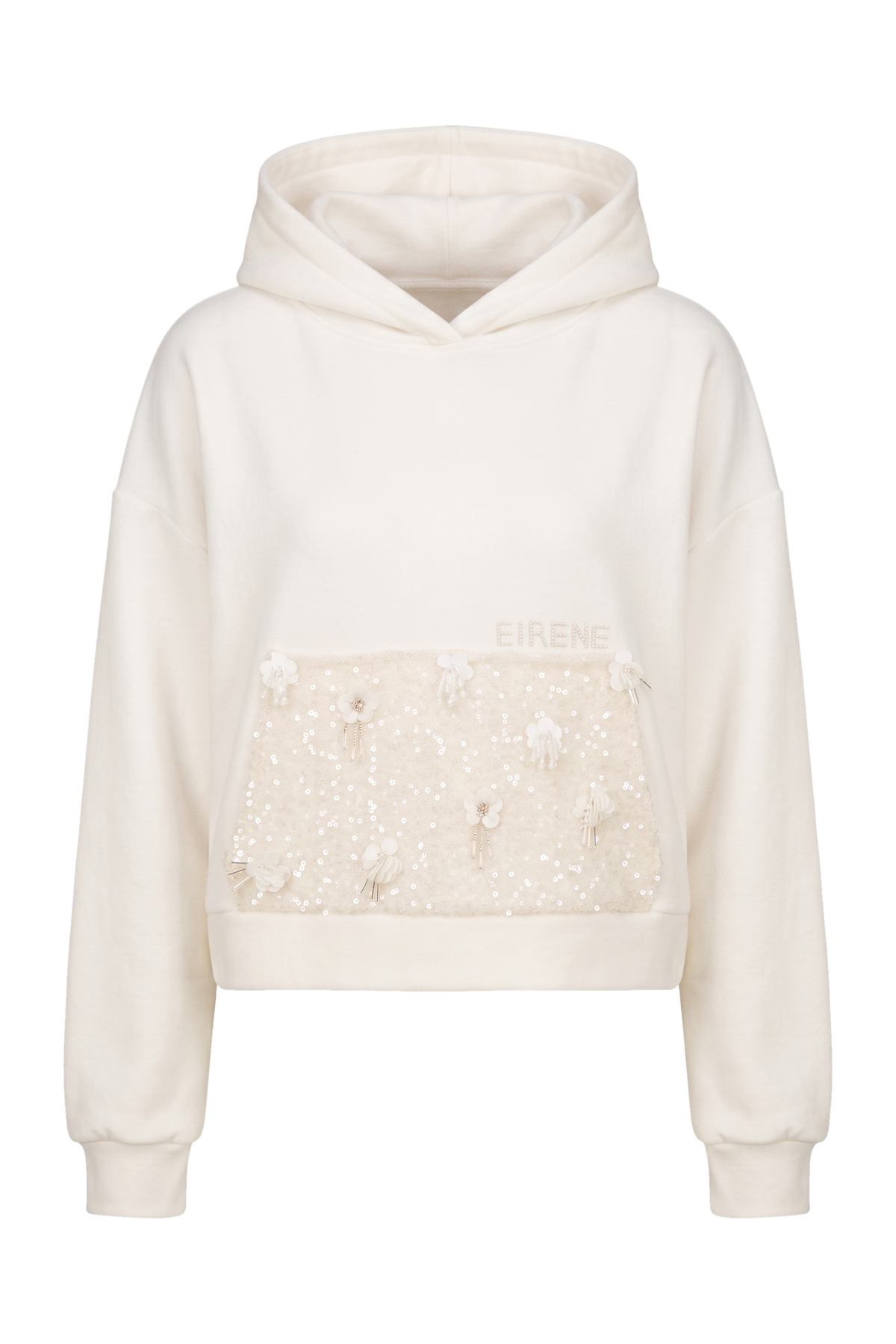 Ivory hoodie with a sequinned pocket and 3D floral appliqués - product view