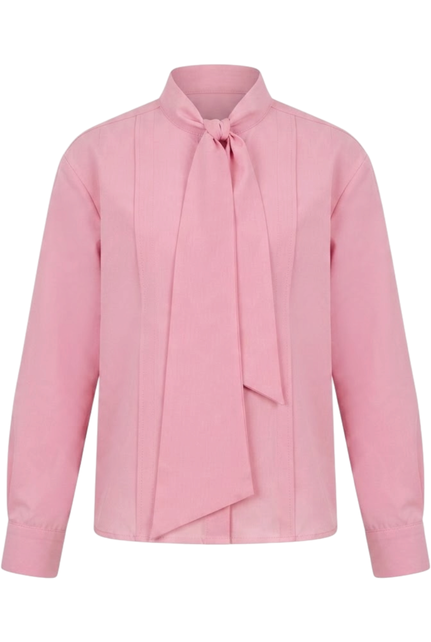 Soft pink blouse with vertical stitching and a tie neck - product view